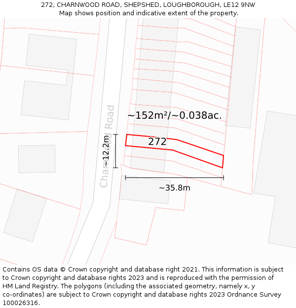 272, CHARNWOOD ROAD, SHEPSHED, LOUGHBOROUGH, LE12 9NW: Plot and title map