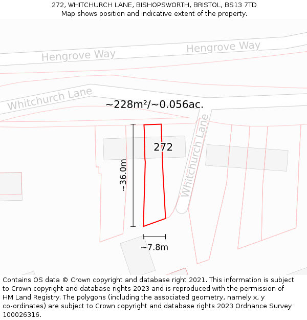 272, WHITCHURCH LANE, BISHOPSWORTH, BRISTOL, BS13 7TD: Plot and title map