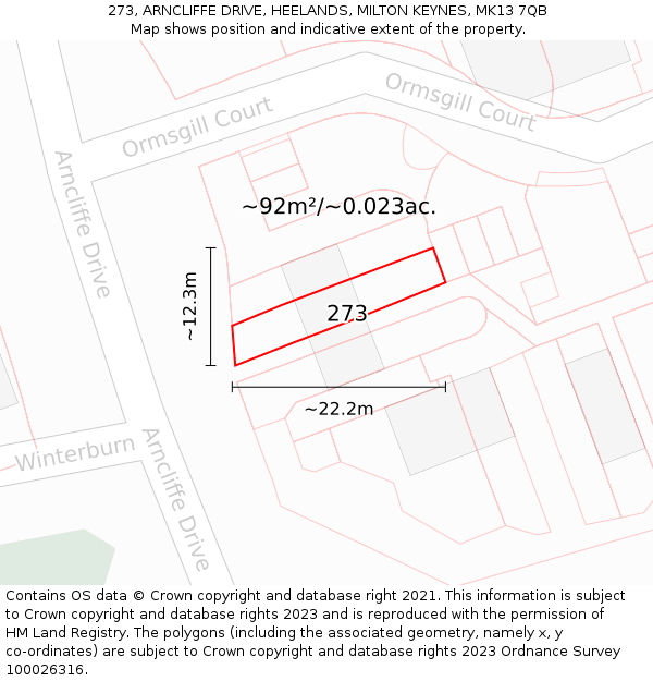 273, ARNCLIFFE DRIVE, HEELANDS, MILTON KEYNES, MK13 7QB: Plot and title map
