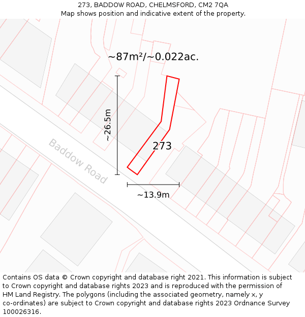 273, BADDOW ROAD, CHELMSFORD, CM2 7QA: Plot and title map