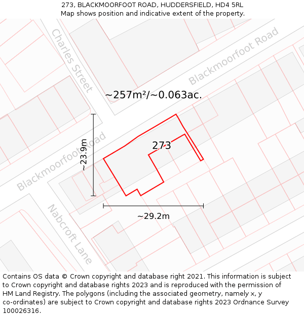 273, BLACKMOORFOOT ROAD, HUDDERSFIELD, HD4 5RL: Plot and title map