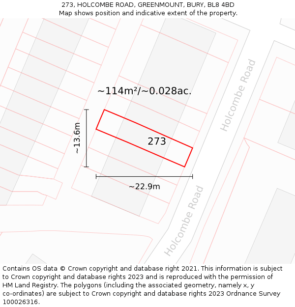 273, HOLCOMBE ROAD, GREENMOUNT, BURY, BL8 4BD: Plot and title map