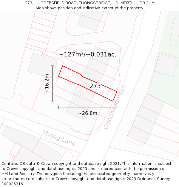 273, HUDDERSFIELD ROAD, THONGSBRIDGE, HOLMFIRTH, HD9 3UA: Plot and title map