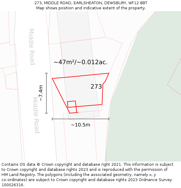 273, MIDDLE ROAD, EARLSHEATON, DEWSBURY, WF12 8BT: Plot and title map