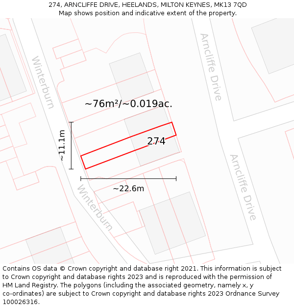 274, ARNCLIFFE DRIVE, HEELANDS, MILTON KEYNES, MK13 7QD: Plot and title map