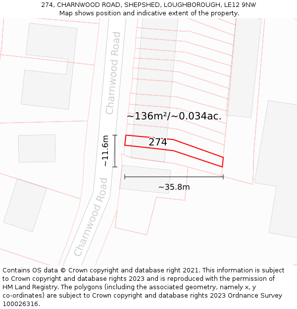 274, CHARNWOOD ROAD, SHEPSHED, LOUGHBOROUGH, LE12 9NW: Plot and title map