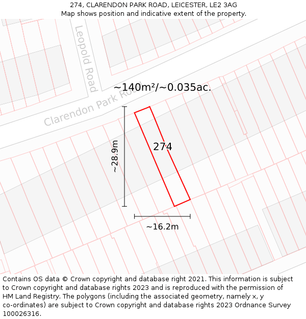 274, CLARENDON PARK ROAD, LEICESTER, LE2 3AG: Plot and title map