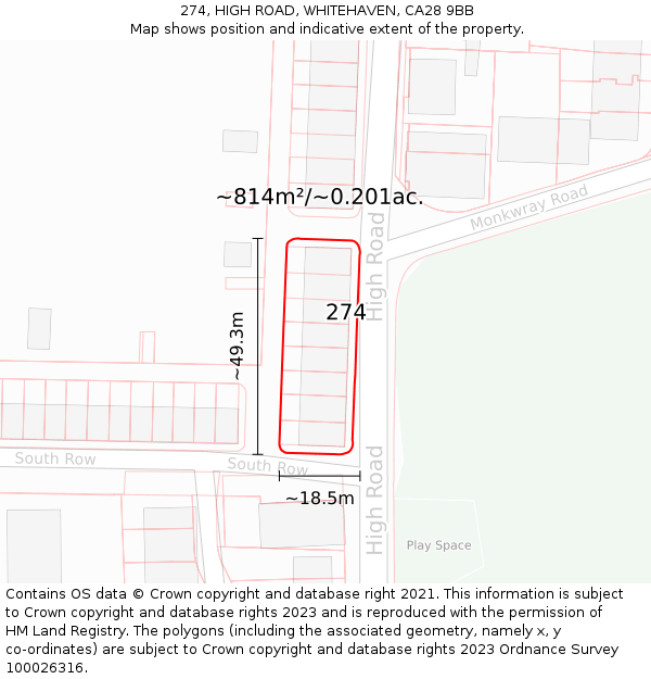 274, HIGH ROAD, WHITEHAVEN, CA28 9BB: Plot and title map