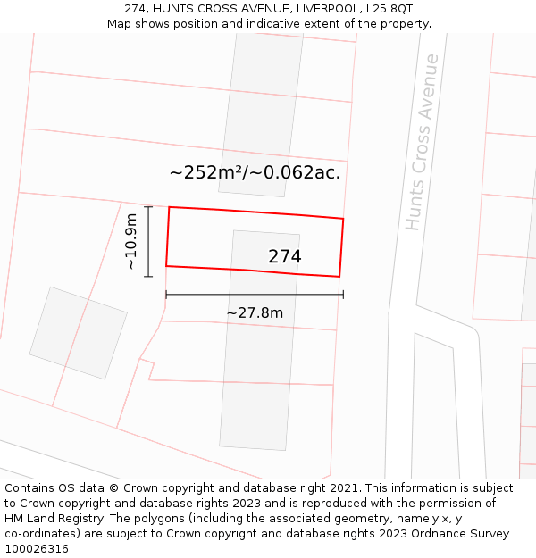 274, HUNTS CROSS AVENUE, LIVERPOOL, L25 8QT: Plot and title map