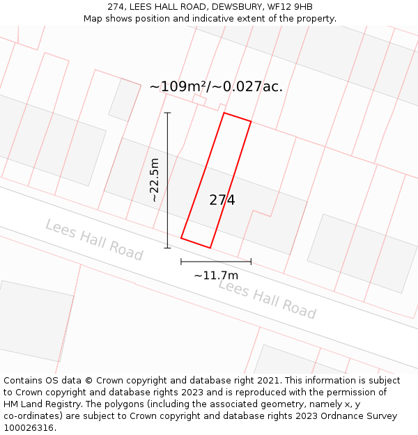 274, LEES HALL ROAD, DEWSBURY, WF12 9HB: Plot and title map