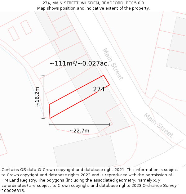 274, MAIN STREET, WILSDEN, BRADFORD, BD15 0JR: Plot and title map