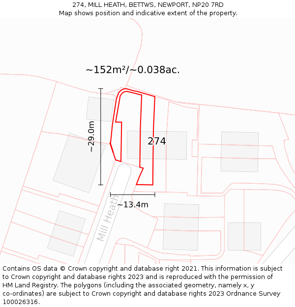 274, MILL HEATH, BETTWS, NEWPORT, NP20 7RD: Plot and title map