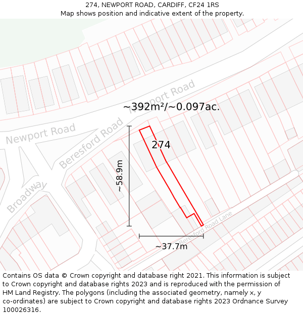 274, NEWPORT ROAD, CARDIFF, CF24 1RS: Plot and title map