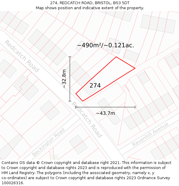 274, REDCATCH ROAD, BRISTOL, BS3 5DT: Plot and title map