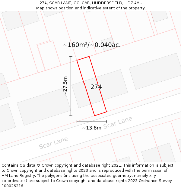 274, SCAR LANE, GOLCAR, HUDDERSFIELD, HD7 4AU: Plot and title map
