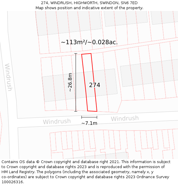 274, WINDRUSH, HIGHWORTH, SWINDON, SN6 7ED: Plot and title map