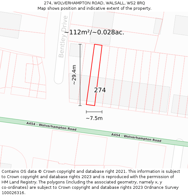 274, WOLVERHAMPTON ROAD, WALSALL, WS2 8RQ: Plot and title map