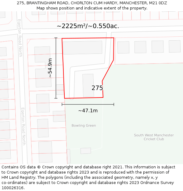 275, BRANTINGHAM ROAD, CHORLTON CUM HARDY, MANCHESTER, M21 0DZ: Plot and title map