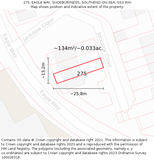 275, EAGLE WAY, SHOEBURYNESS, SOUTHEND-ON-SEA, SS3 9YH: Plot and title map