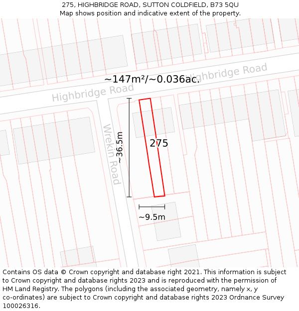 275, HIGHBRIDGE ROAD, SUTTON COLDFIELD, B73 5QU: Plot and title map
