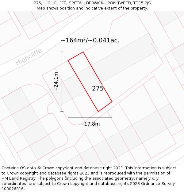 275, HIGHCLIFFE, SPITTAL, BERWICK-UPON-TWEED, TD15 2JS: Plot and title map