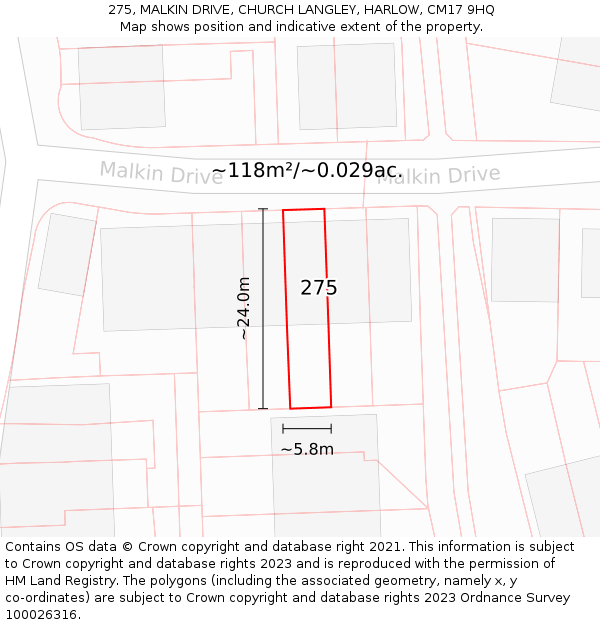 275, MALKIN DRIVE, CHURCH LANGLEY, HARLOW, CM17 9HQ: Plot and title map