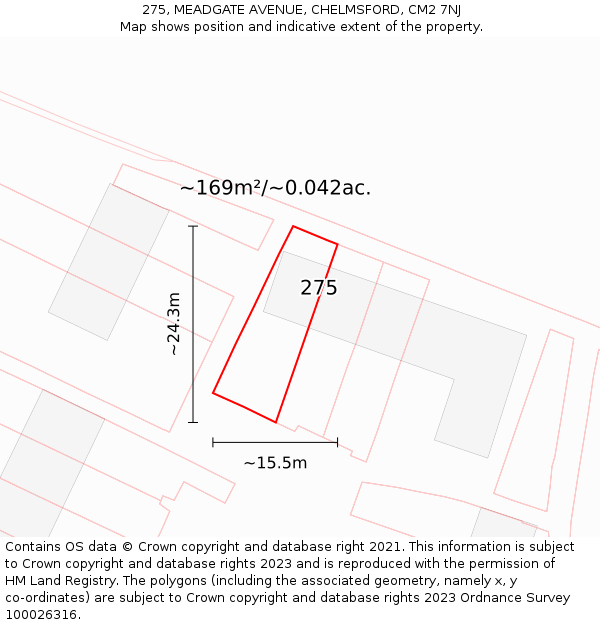 275, MEADGATE AVENUE, CHELMSFORD, CM2 7NJ: Plot and title map