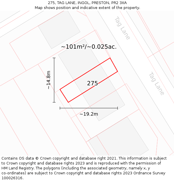 275, TAG LANE, INGOL, PRESTON, PR2 3XA: Plot and title map