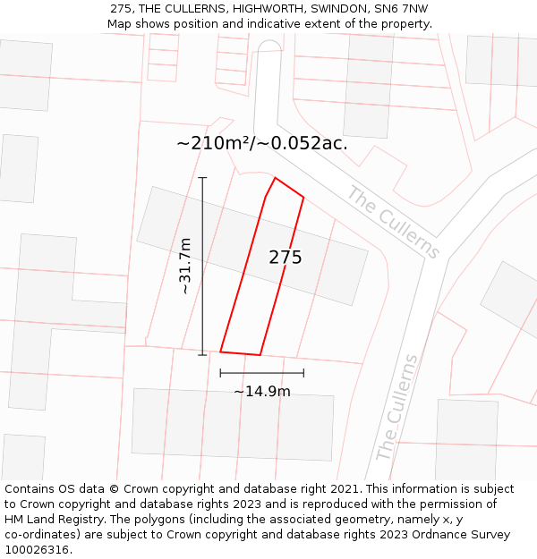 275, THE CULLERNS, HIGHWORTH, SWINDON, SN6 7NW: Plot and title map