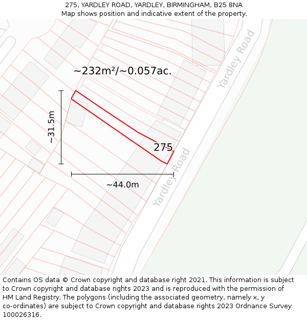275, YARDLEY ROAD, YARDLEY, BIRMINGHAM, B25 8NA: Plot and title map