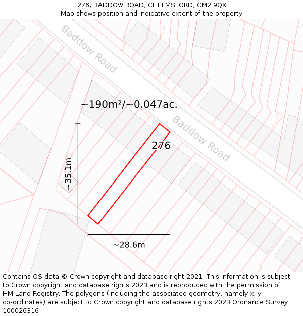 276, BADDOW ROAD, CHELMSFORD, CM2 9QX: Plot and title map