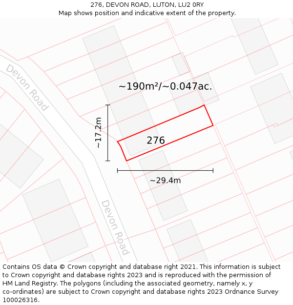 276, DEVON ROAD, LUTON, LU2 0RY: Plot and title map