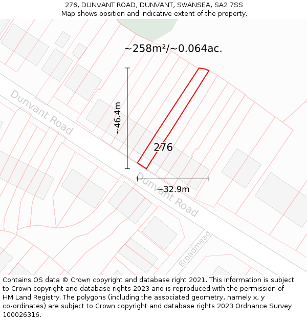 276, DUNVANT ROAD, DUNVANT, SWANSEA, SA2 7SS: Plot and title map