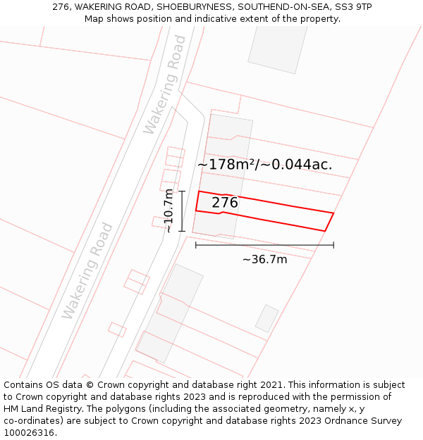 276, WAKERING ROAD, SHOEBURYNESS, SOUTHEND-ON-SEA, SS3 9TP: Plot and title map