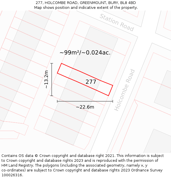 277, HOLCOMBE ROAD, GREENMOUNT, BURY, BL8 4BD: Plot and title map