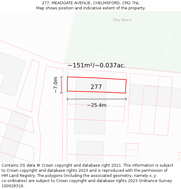 277, MEADGATE AVENUE, CHELMSFORD, CM2 7NL: Plot and title map