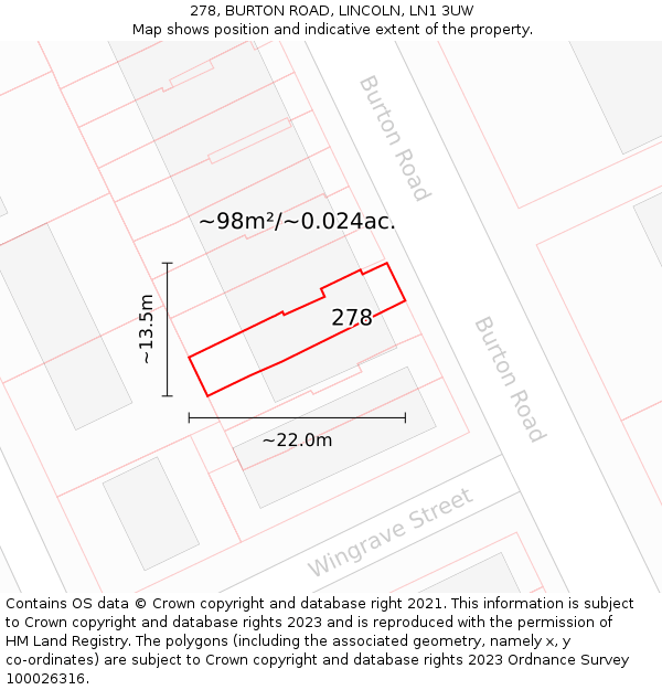 278, BURTON ROAD, LINCOLN, LN1 3UW: Plot and title map