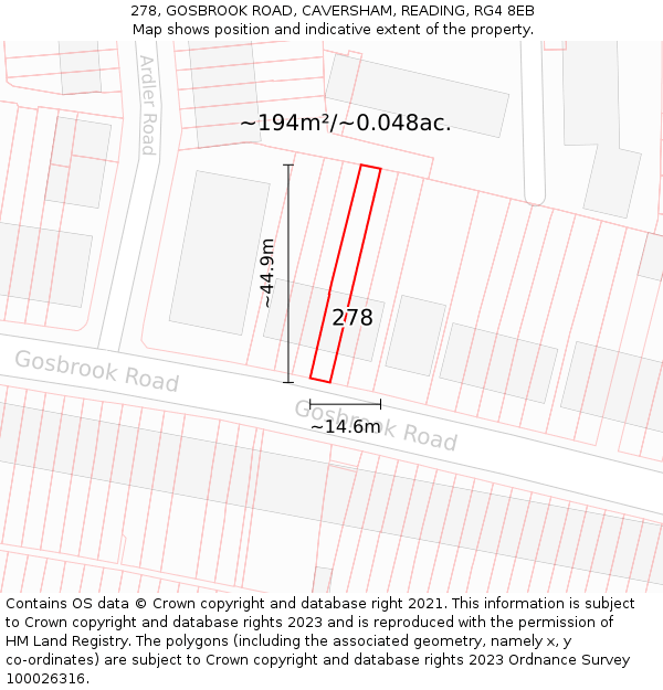 278, GOSBROOK ROAD, CAVERSHAM, READING, RG4 8EB: Plot and title map