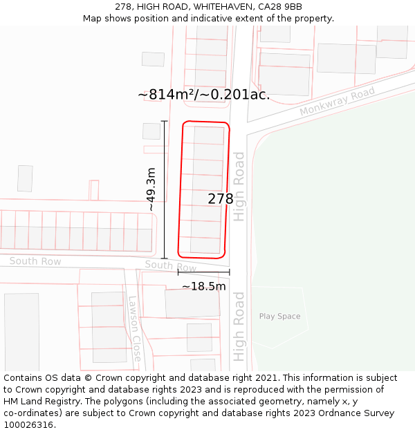 278, HIGH ROAD, WHITEHAVEN, CA28 9BB: Plot and title map