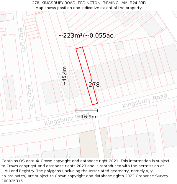 278, KINGSBURY ROAD, ERDINGTON, BIRMINGHAM, B24 8RB: Plot and title map