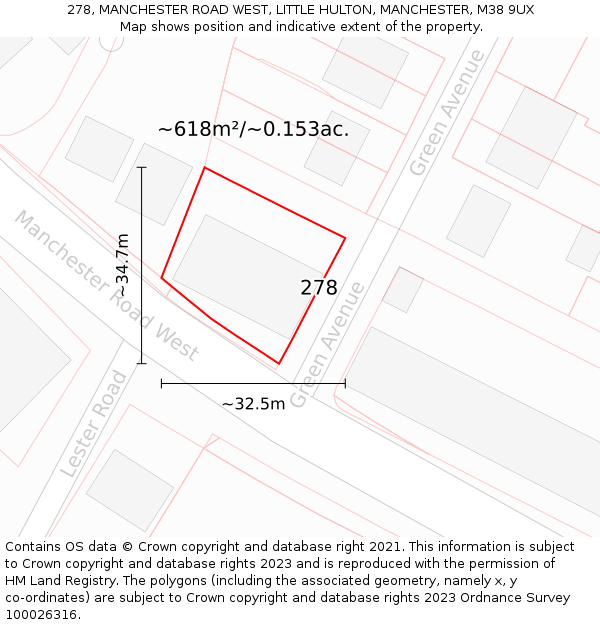 278, MANCHESTER ROAD WEST, LITTLE HULTON, MANCHESTER, M38 9UX: Plot and title map