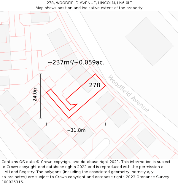 278, WOODFIELD AVENUE, LINCOLN, LN6 0LT: Plot and title map