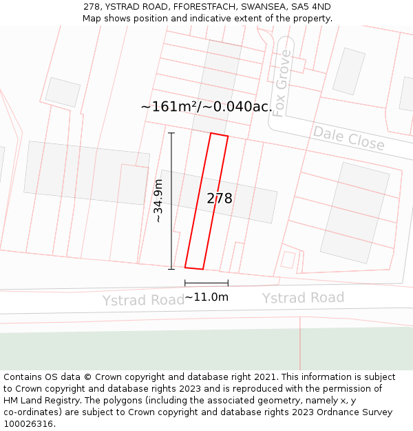 278, YSTRAD ROAD, FFORESTFACH, SWANSEA, SA5 4ND: Plot and title map