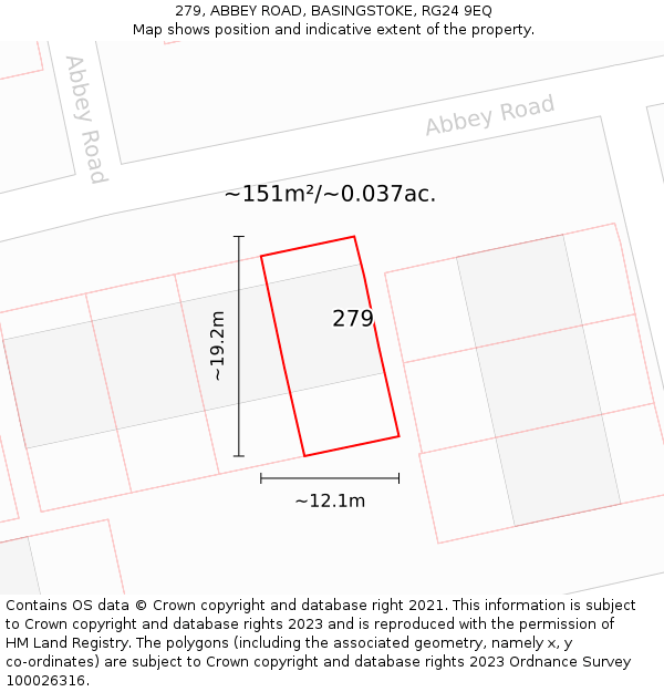 279, ABBEY ROAD, BASINGSTOKE, RG24 9EQ: Plot and title map
