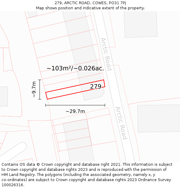 279, ARCTIC ROAD, COWES, PO31 7PJ: Plot and title map