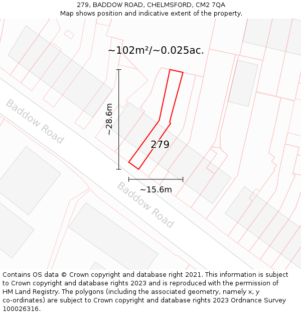 279, BADDOW ROAD, CHELMSFORD, CM2 7QA: Plot and title map