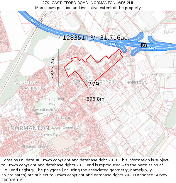 279, CASTLEFORD ROAD, NORMANTON, WF6 2HL: Plot and title map
