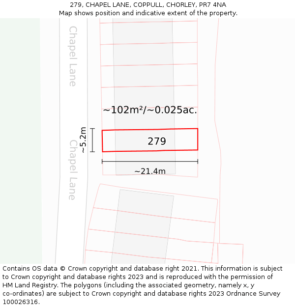 279, CHAPEL LANE, COPPULL, CHORLEY, PR7 4NA: Plot and title map
