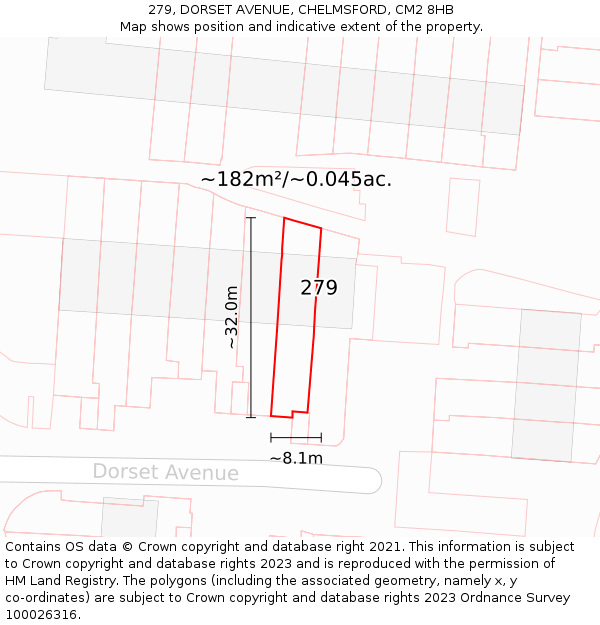 279, DORSET AVENUE, CHELMSFORD, CM2 8HB: Plot and title map