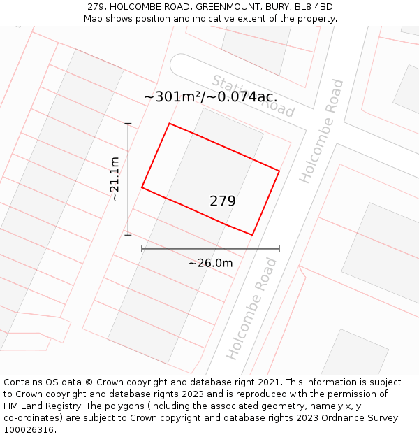 279, HOLCOMBE ROAD, GREENMOUNT, BURY, BL8 4BD: Plot and title map